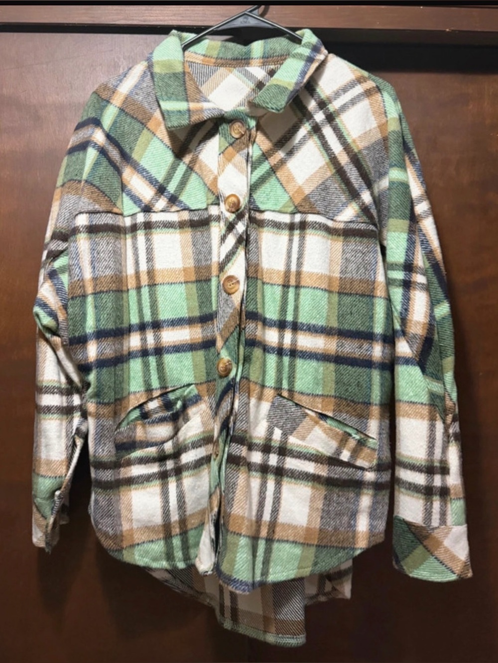 Plaid Button-Front Shacket in Mint Green and Tan